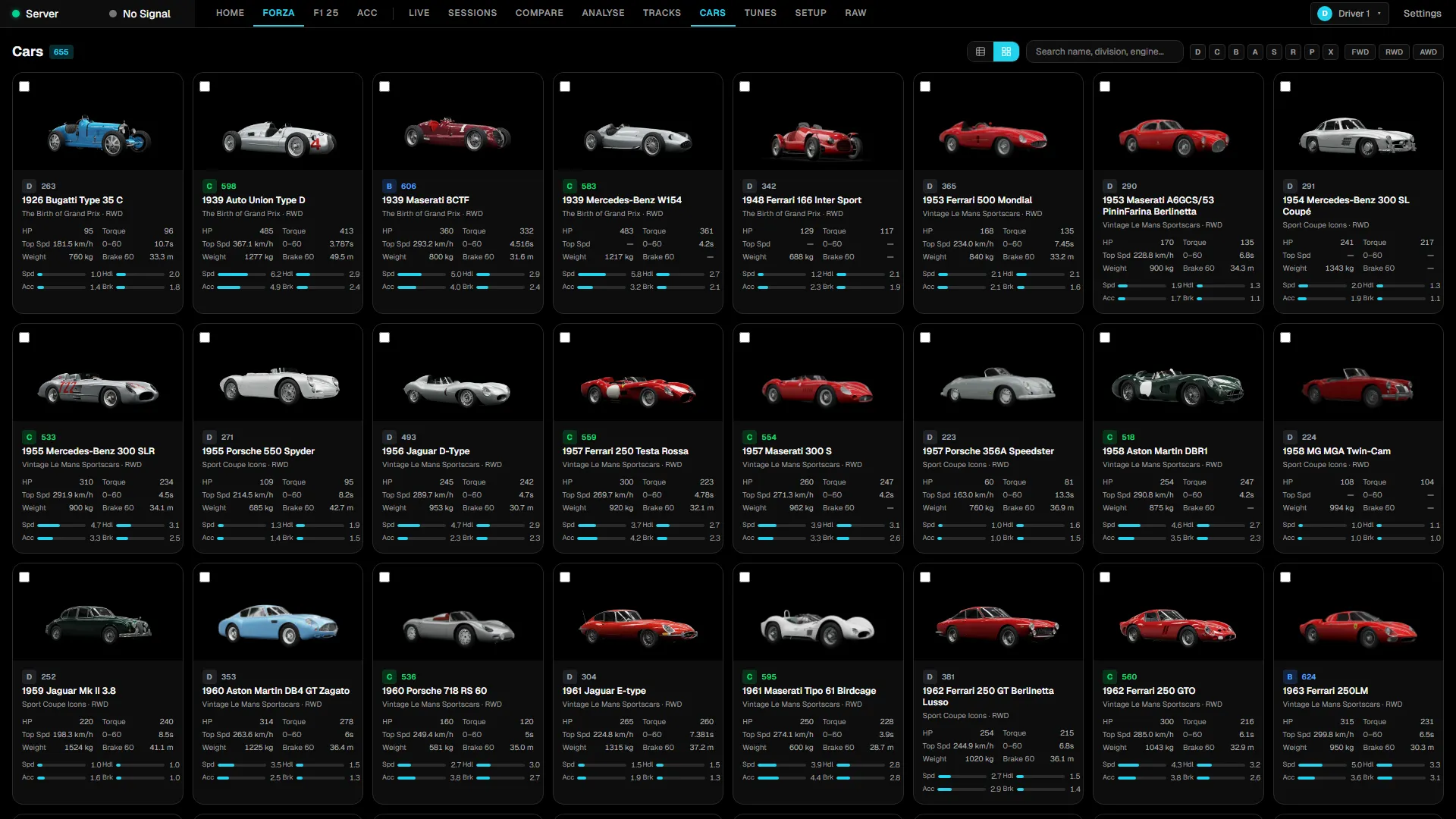RaceIQ car catalogue in grid layout showing vehicle cards with performance index and class badges.