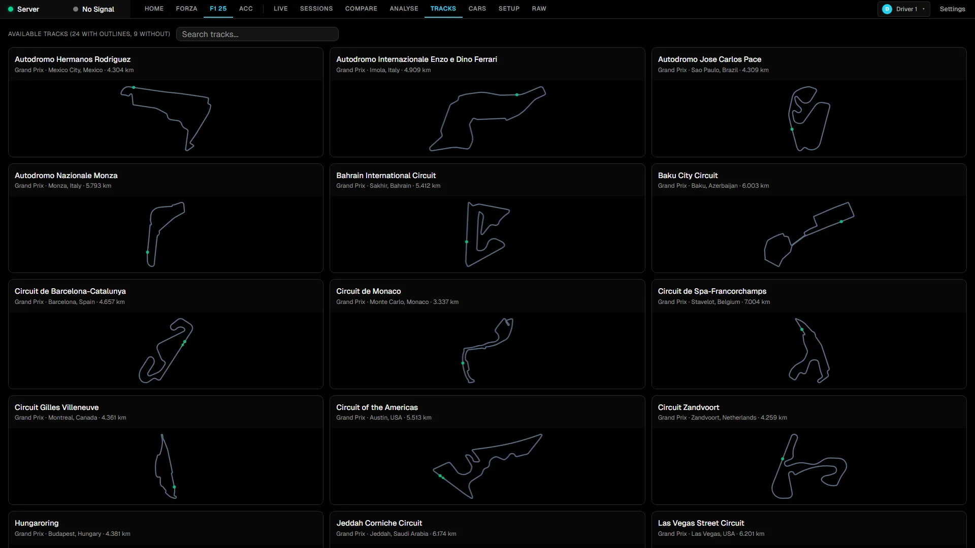 RaceIQ track browser showing bundled circuit outlines with curated corner names.